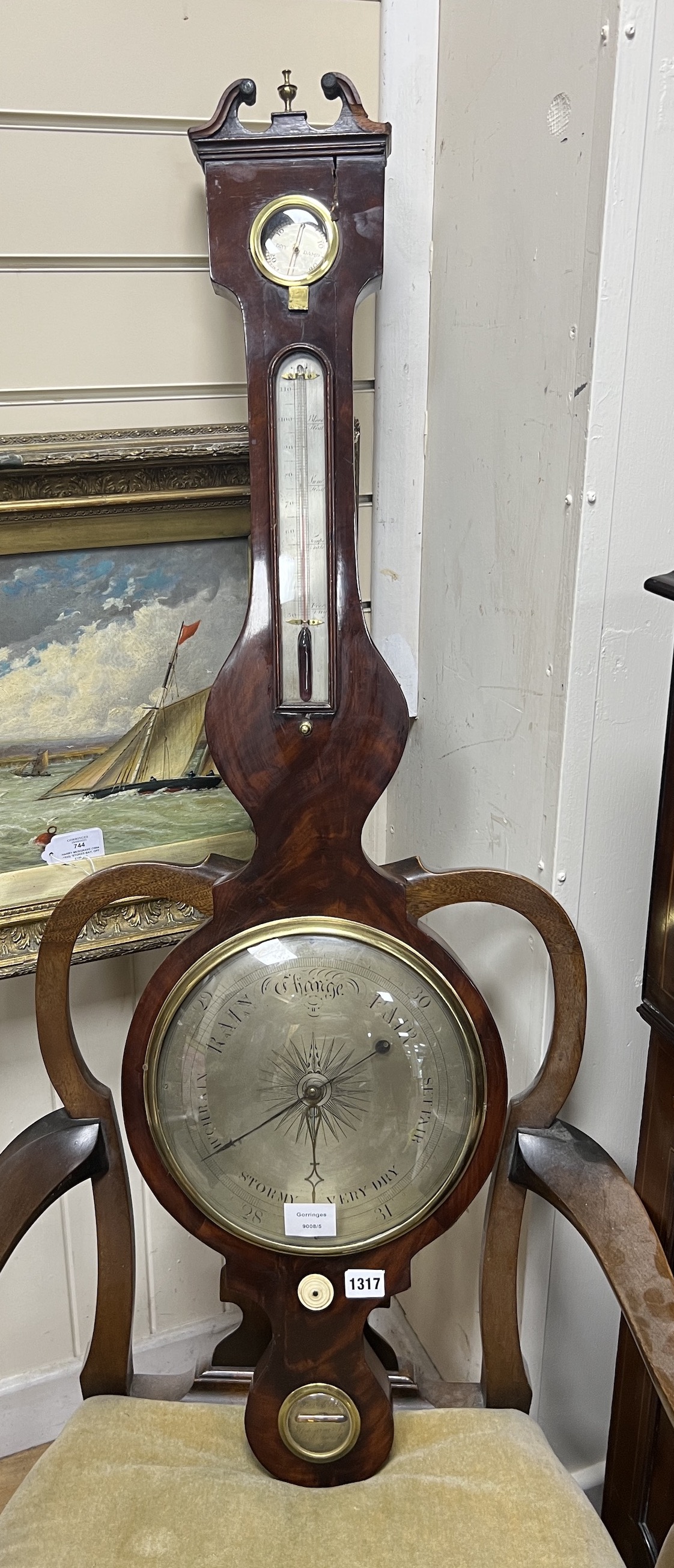 A Regency mahogany wheel barometer, height 112cm